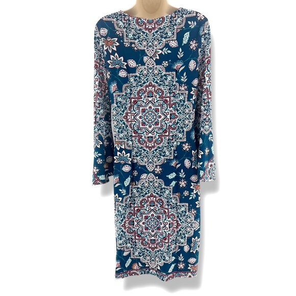 Shelby & Palmer Textured Stretch Printed Shift Dress Bell Sleeves Size 12 Office - Picture 4 of 6